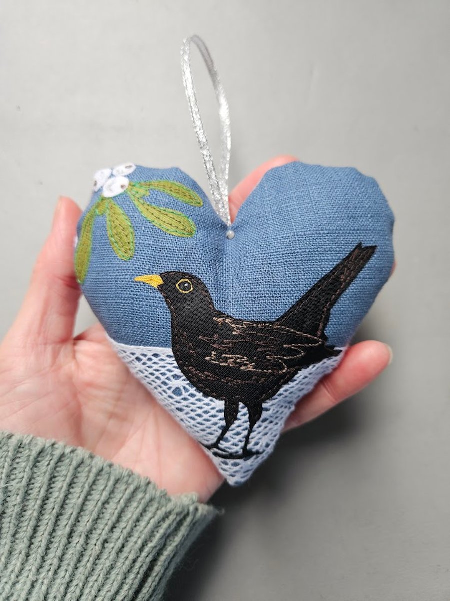 Handmade fabric Blackbird padded heart decoration, Christmas, hanging decoration