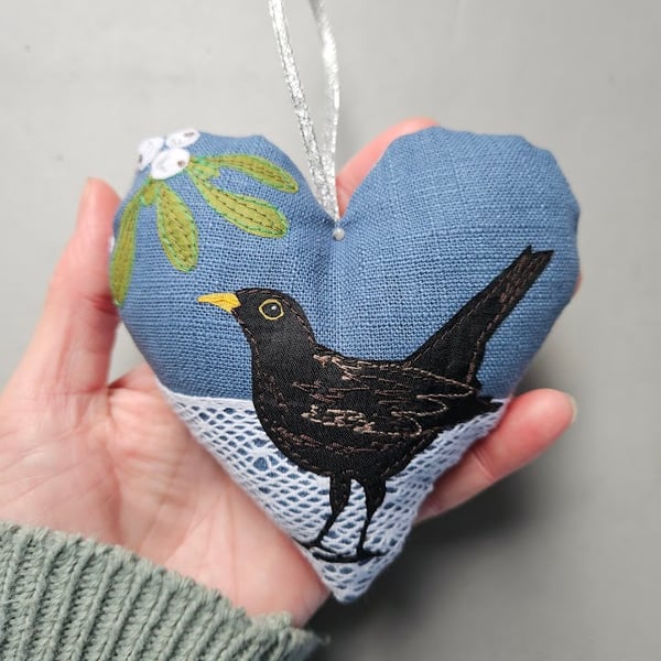Handmade fabric Blackbird padded heart decoration, Christmas, hanging decoration