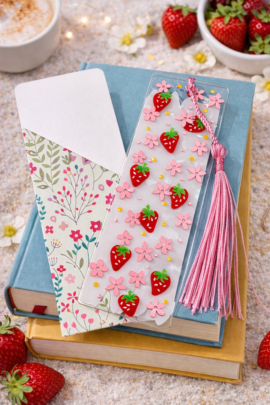 Strawberry Acrylic Bookmark – Handmade Fruit Bookmark with Pink Tassel