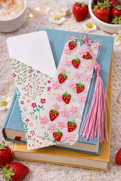 Strawberry Acrylic Bookmark – Handmade Fruit Bookmark with Pink Tassel