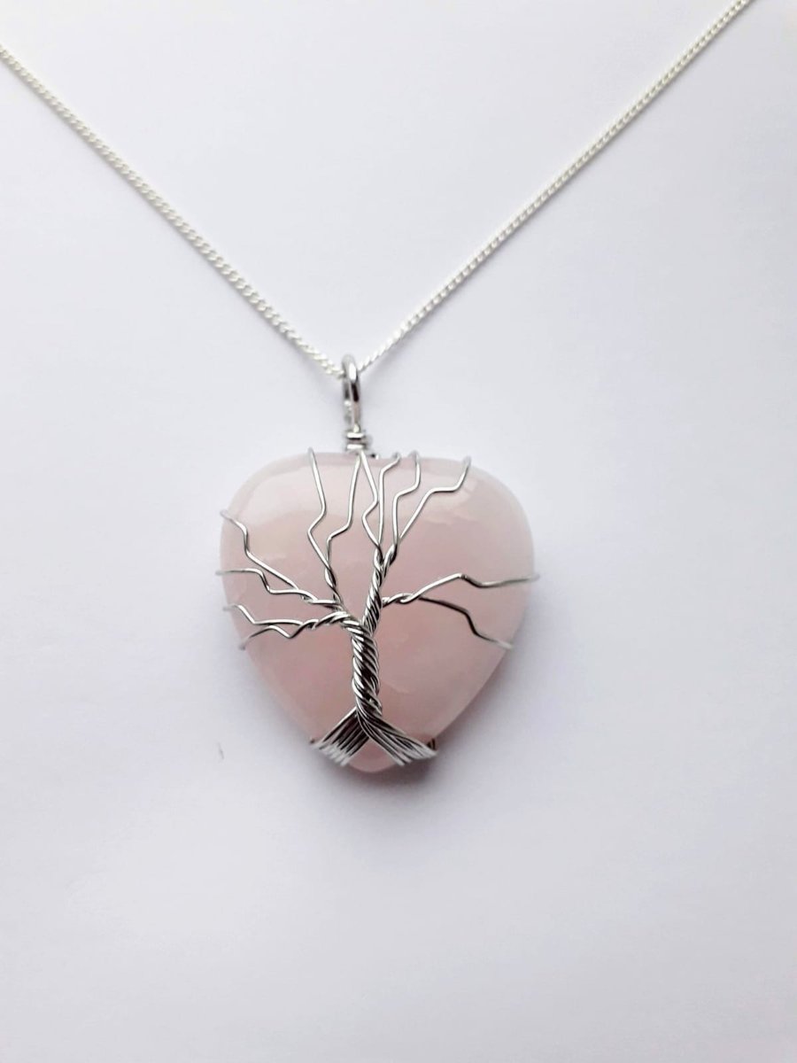 Rose Quartz Tree Of Life Heart Necklace