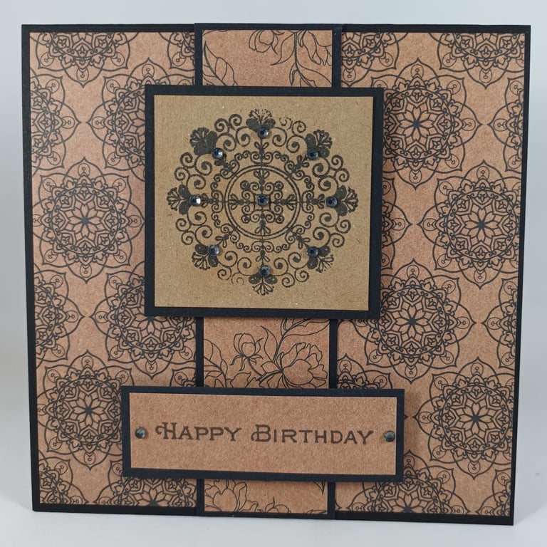 Handmade black and kraft mandala birthday card