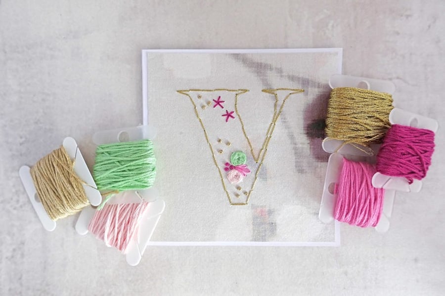 SALE Hand Stitched Letter V Card