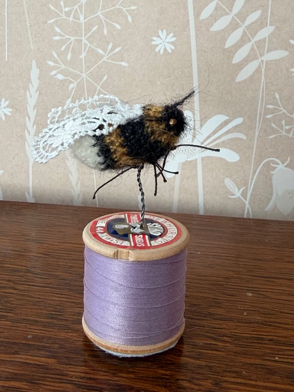 Mini Bobbinbee - Crochet Bee on a vintage wooden bobbin