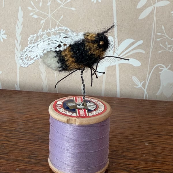Mini Bobbinbee - Crochet Bee on a vintage wooden bobbin