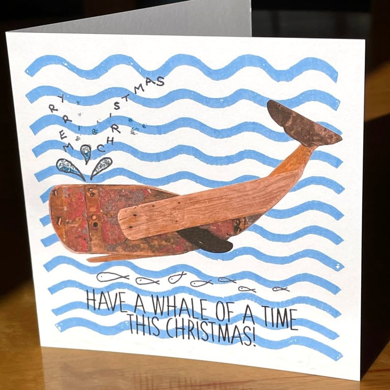 Whale of a Time; colourful 13.5 cm square Christmas card, blank inside