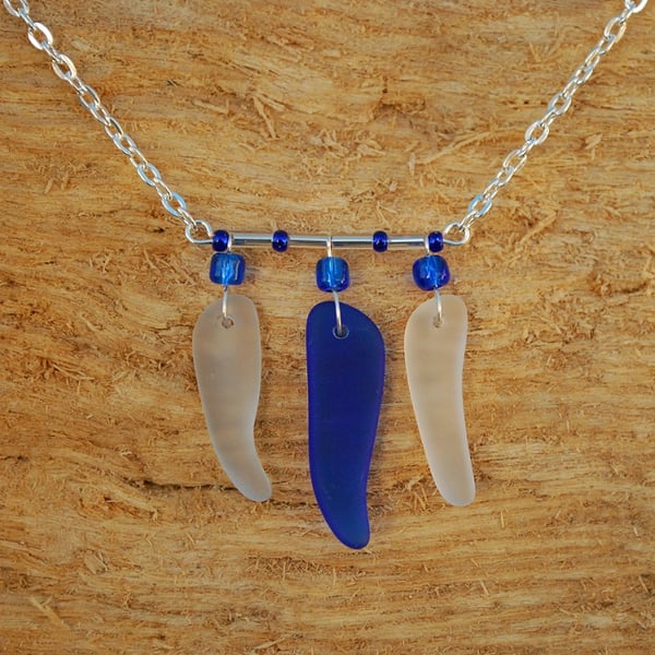 Blue and white beach glass pendant