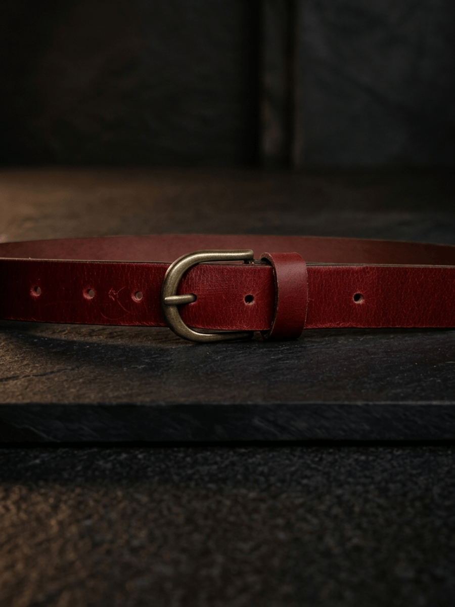 Image of Burgundy Red Full Grain Leather Belt Brass Buckle Womens Belt 25mm 1 Inch