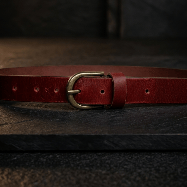 Burgundy Red Full Grain Leather Belt Brass Buckle Womens Belt 25mm 1 Inch