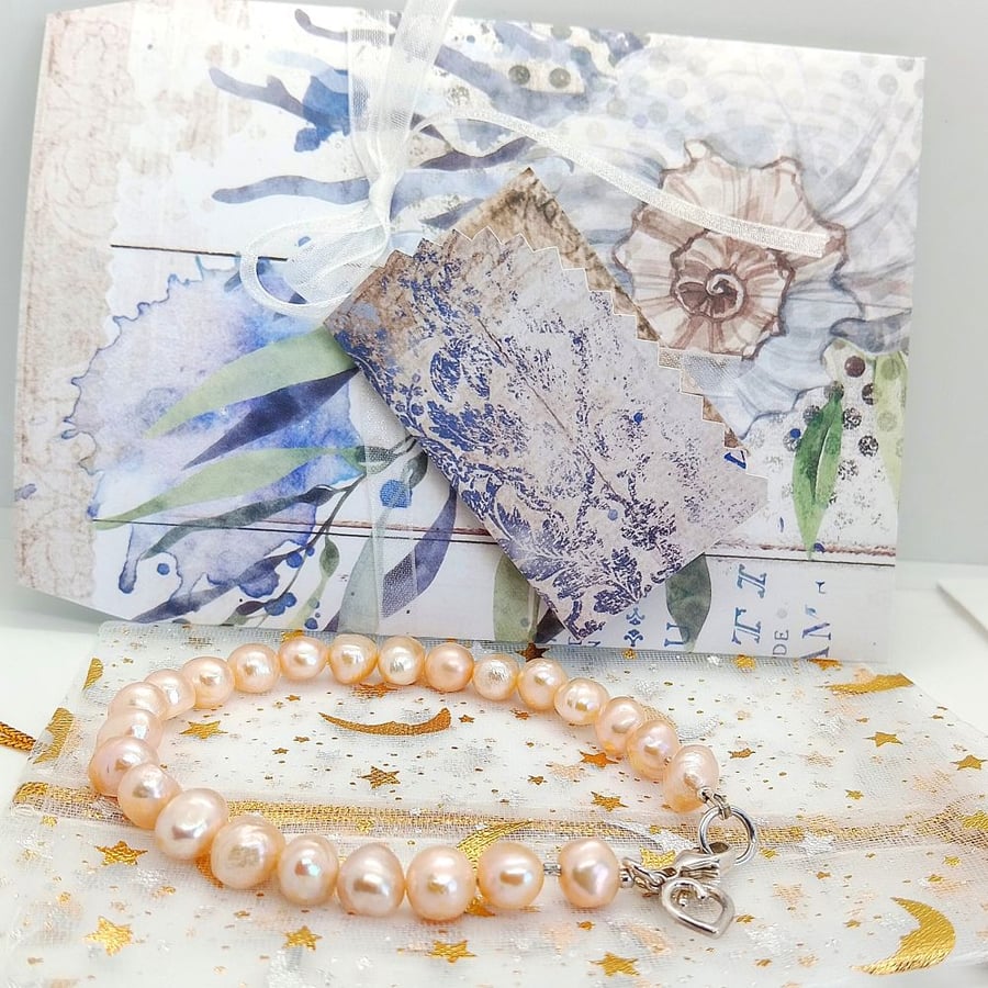 Peach Freshwater pearl bracelet sterling silver heart charm ladies 