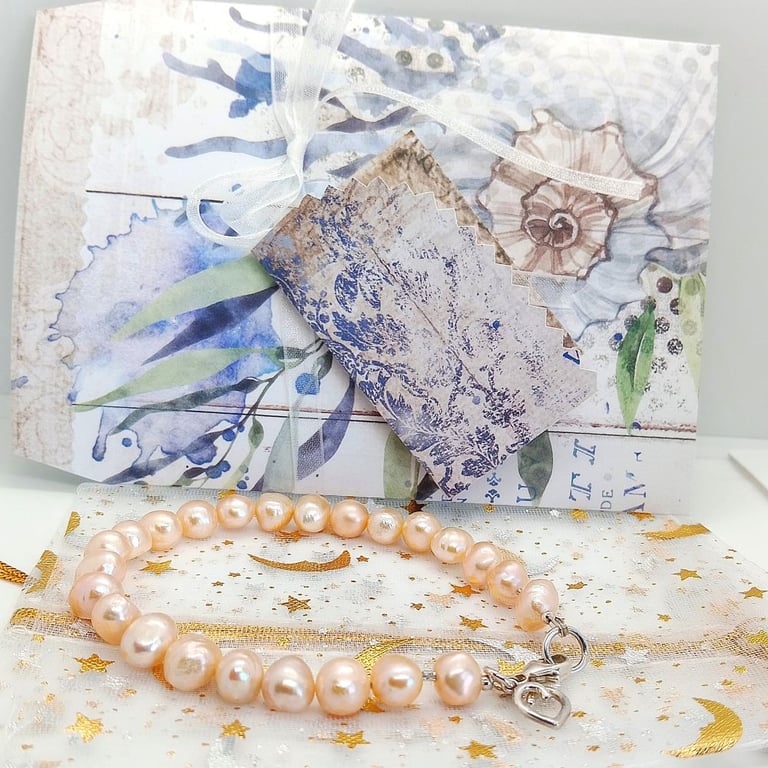 Peach Freshwater pearl bracelet sterling silver heart charm ladies 