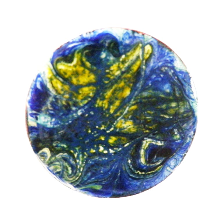 enamel brooch - Round brooch scrolled yellow and blue over white