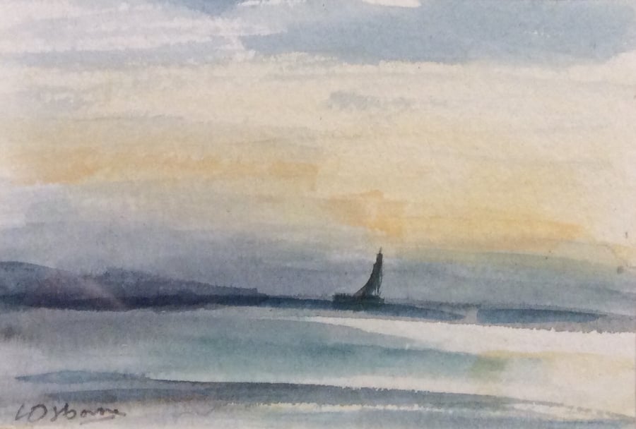 Sunset - minature watercolour painting of boat with sunset.