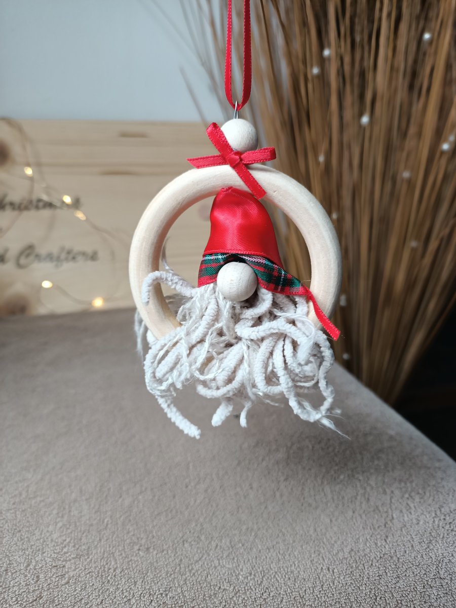 Red tartan Scottish Gnome wooden hanging decoration christmas bauble