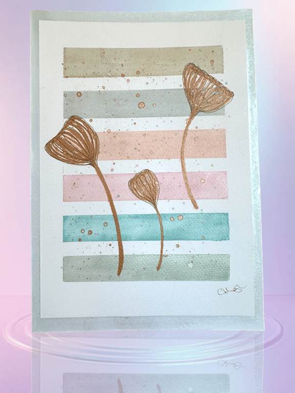 Blank hand painted card, stripes and floral metallic pearlescent contemporary 