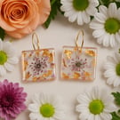 Square Purple Flower Resin Earrings – Gold Leaf & Gem Dangles