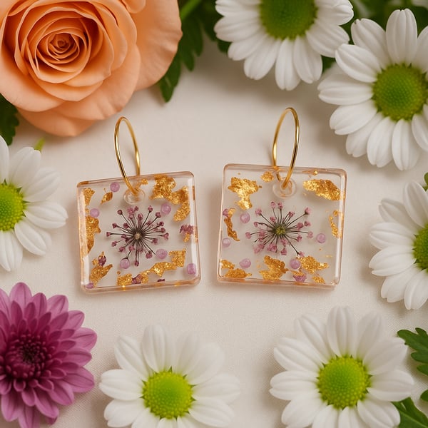 Square Purple Flower Resin Earrings – Gold Leaf & Gem Dangles