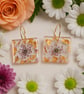 Square Purple Flower Resin Earrings – Gold Leaf & Gem Dangles