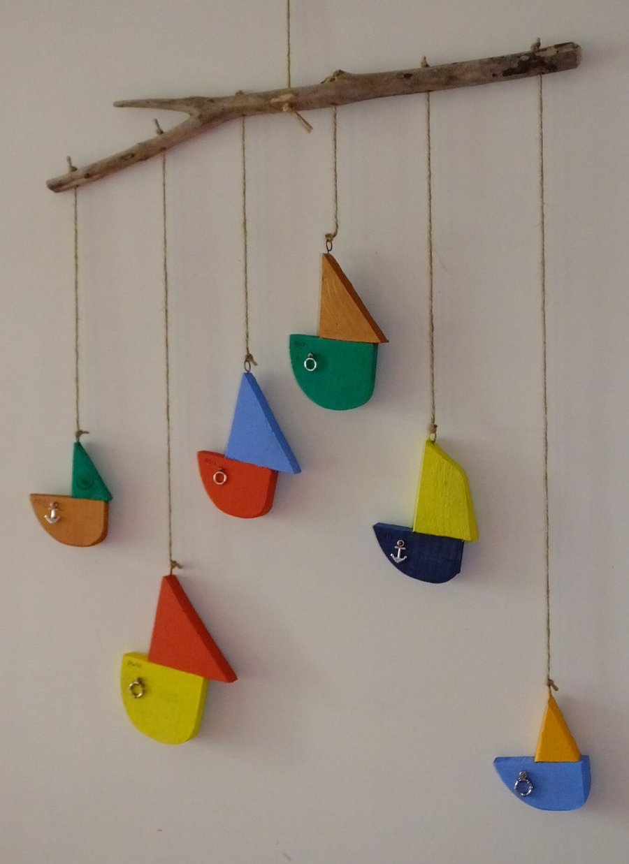 Driftwood mobile with 6 colourful hand painted sailing boats,
