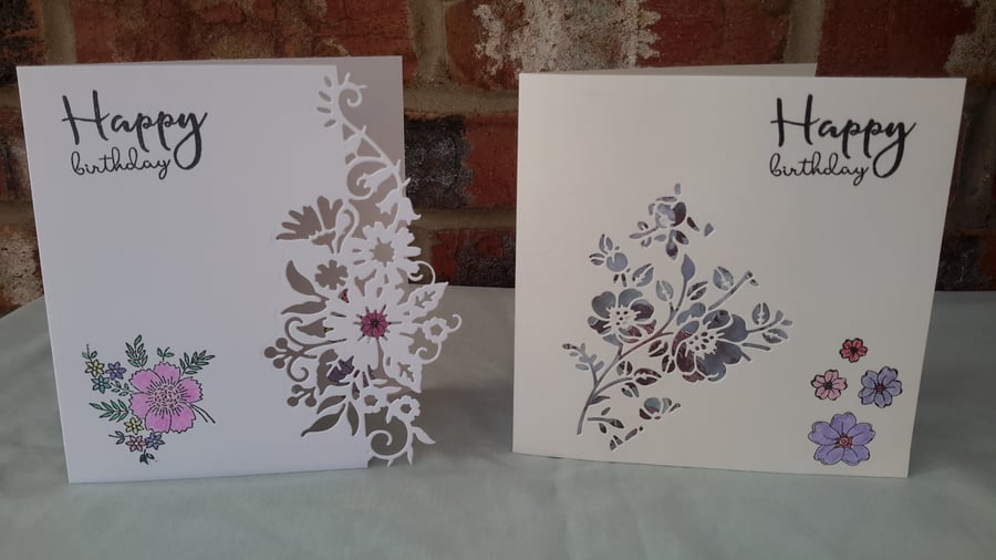 Pack of 2 Floral Birthday Cards, Flowers, Die Cut & Hand Printed Greetings card 