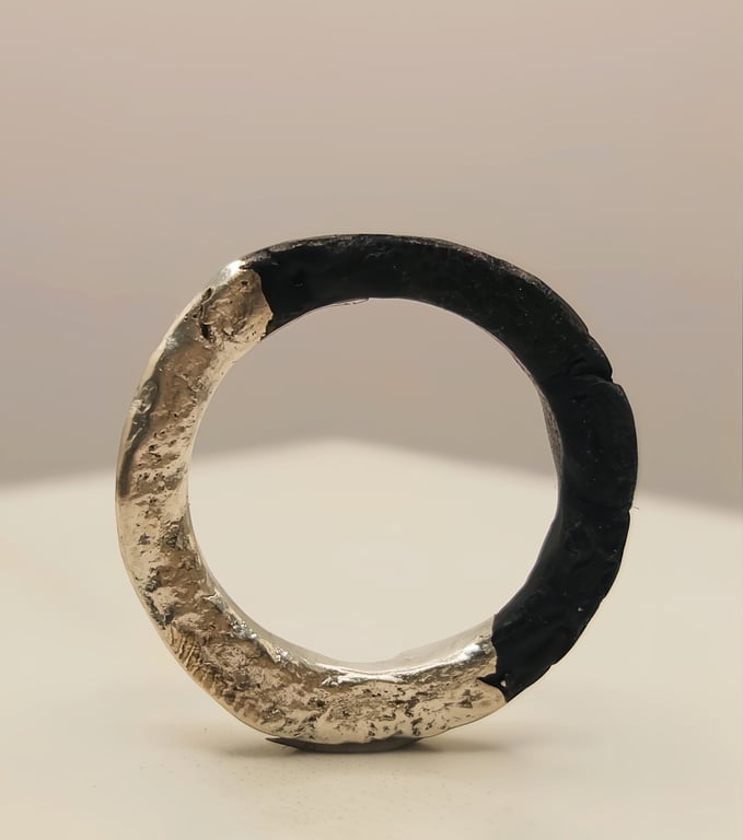 Hand Forged Sterling Silver Ring - Organic Molten Texture, Half Oxidised Band