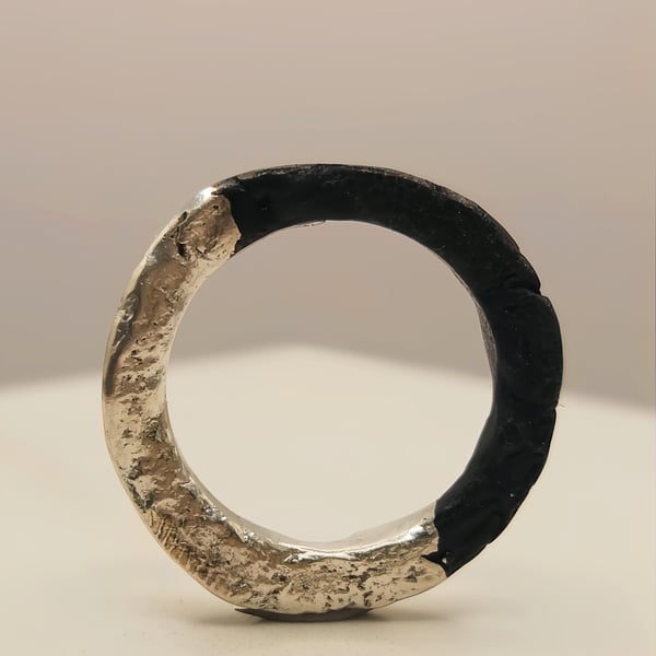 Hand Forged Sterling Silver Ring - Organic Molten Texture, Half Oxidised Band