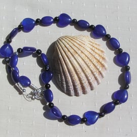 Blue Jade & Blue Goldstone Gemstone Statement Beaded Heart Necklace
