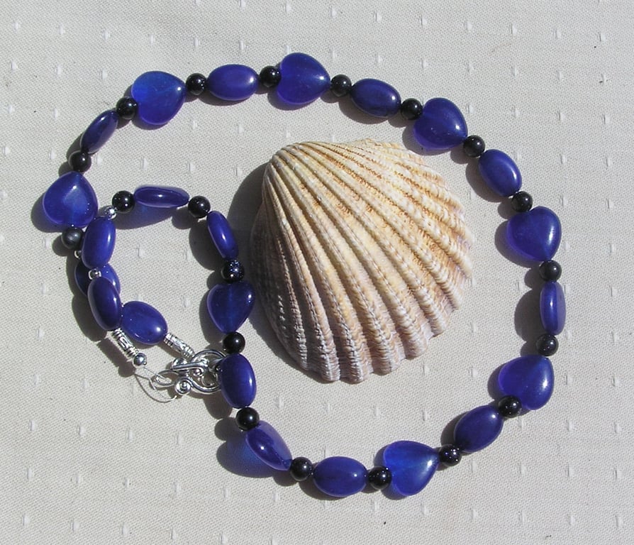 Blue Jade & Blue Goldstone Gemstone Statement Beaded Heart Necklace