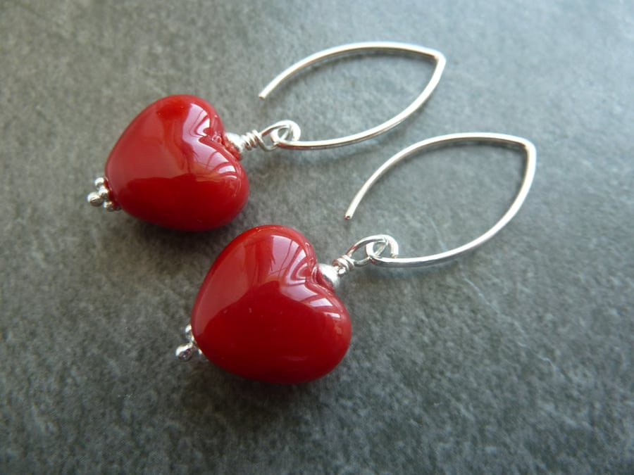 sterling silver, red lampwork glass heart earrings