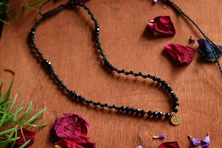 Macrame choker necklace with tourmaline and brass coin.