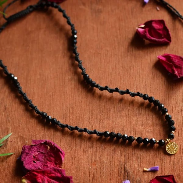 Macrame choker necklace with tourmaline and brass coin.