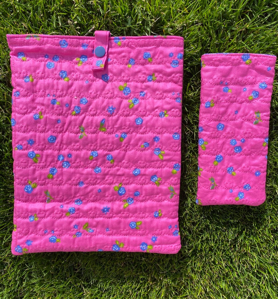 Pink Quilted iPad and glasses case Set with small flowers