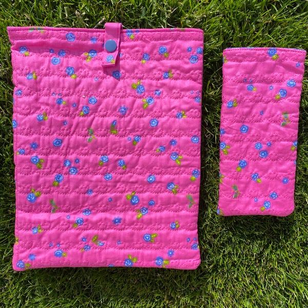 Pink Quilted iPad and glasses case Set with small flowers