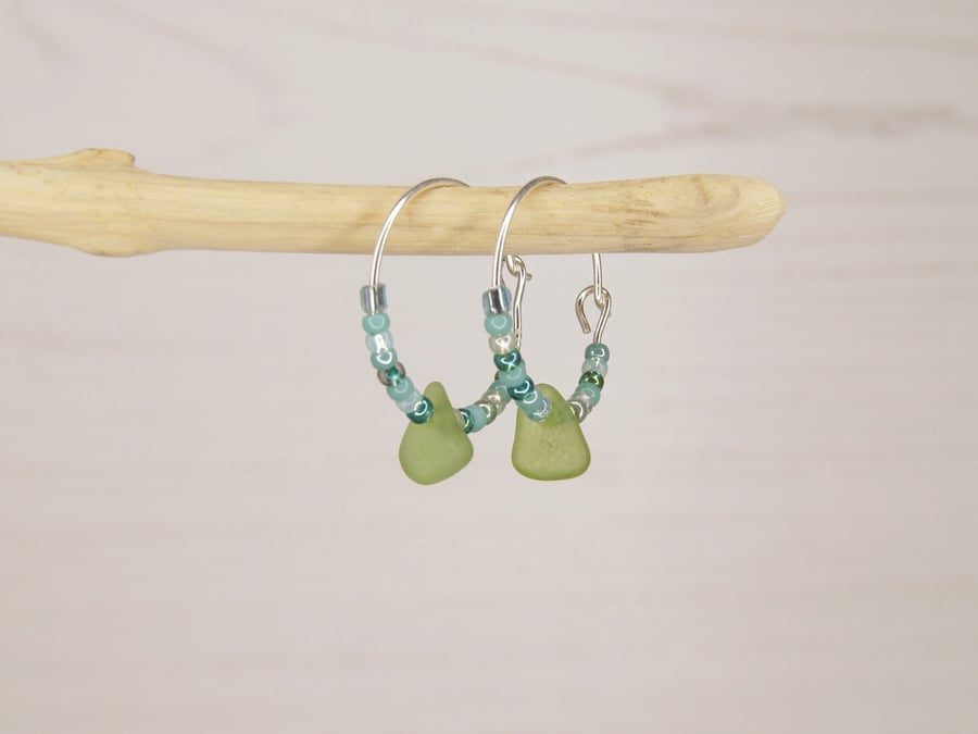 Cornish Sea Glass and Turquoise Seed Beads on Sterling Silver 18mm Hoops - Green