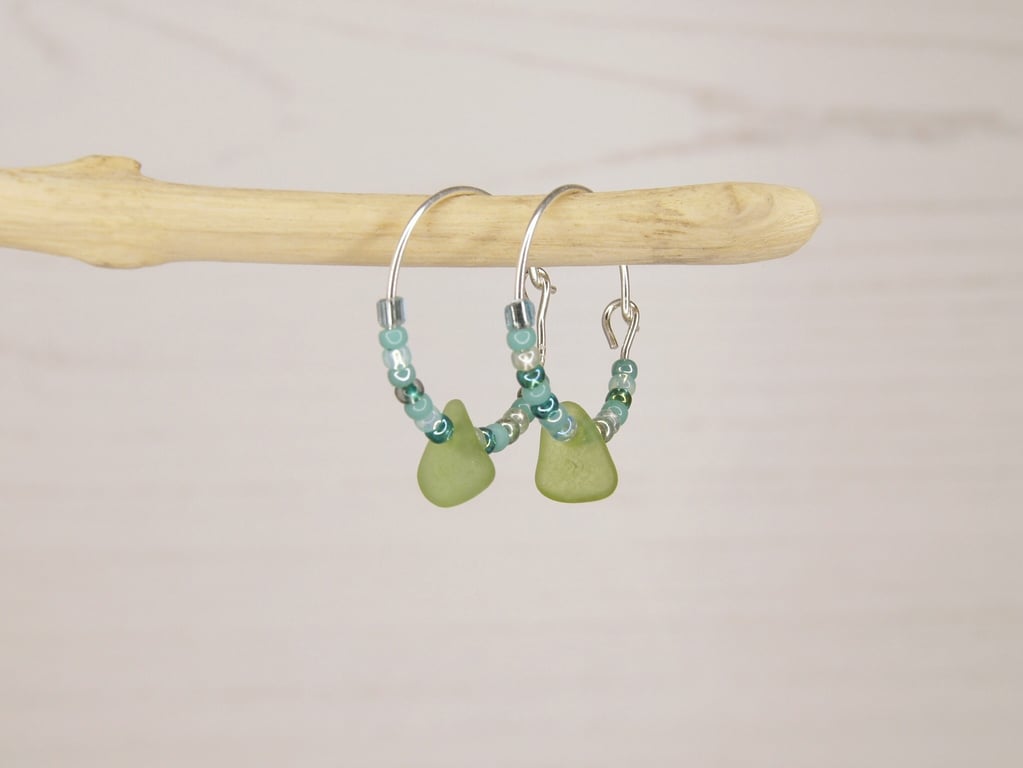 Cornish Sea Glass and Turquoise Seed Beads on Sterling Silver 18mm Hoops - Green