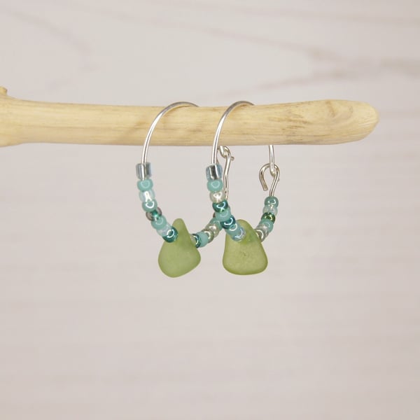 Cornish Sea Glass and Turquoise Seed Beads on Sterling Silver 18mm Hoops - Green