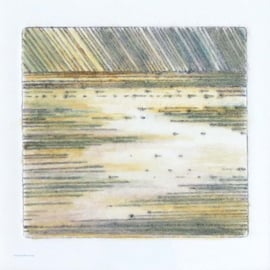 Original drypoint and mixed media autumnal light over the sea coastal art