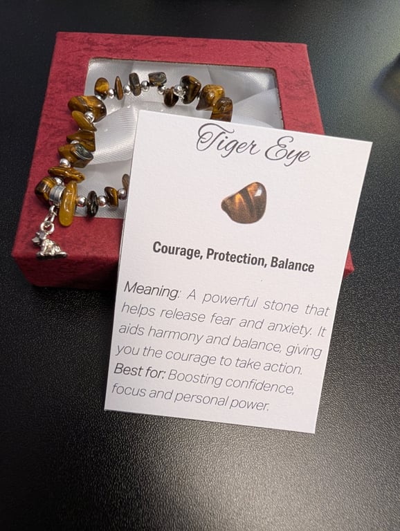 Natural Gemstone Tiger Eye Bracelet with cute dog charm and meaning card  