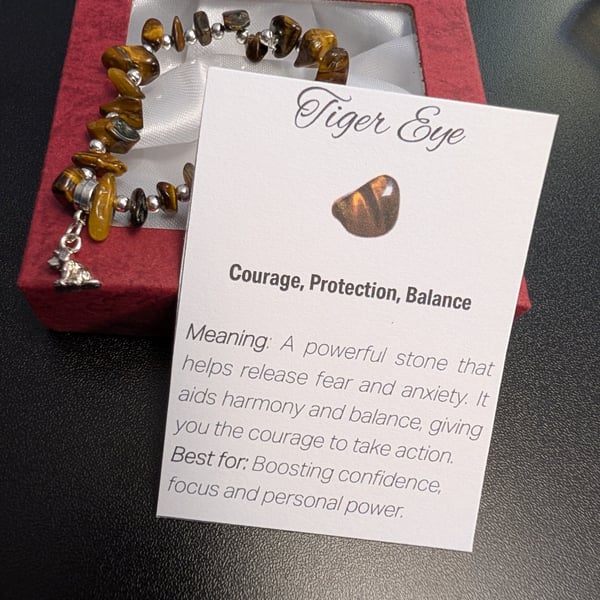Natural Gemstone Tiger Eye Bracelet with cute dog charm and meaning card  