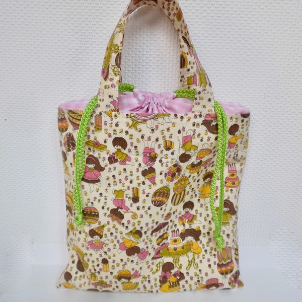 Gift bag small tote shoe bag with draw string top vintage fabric