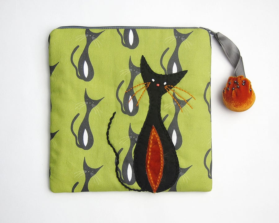 Green and grey make up bag with mid century cat print and appliqué