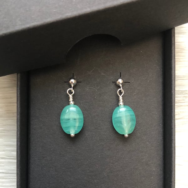 Green glass drop post earrings. Sterling silver 