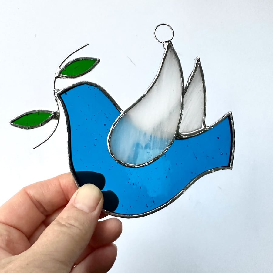 Stained Glass Dove Suncatcher - Hand Made Hanging Decoration - Turquoise