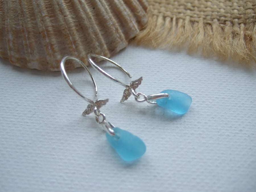 Seaham Turquoise Sea Glass Earrings, Angel Wing Design Sterling Silver 