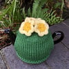 Small Primrose Tea Cosy, One Cup Knitted Tea Cozy with Yellow Flowers