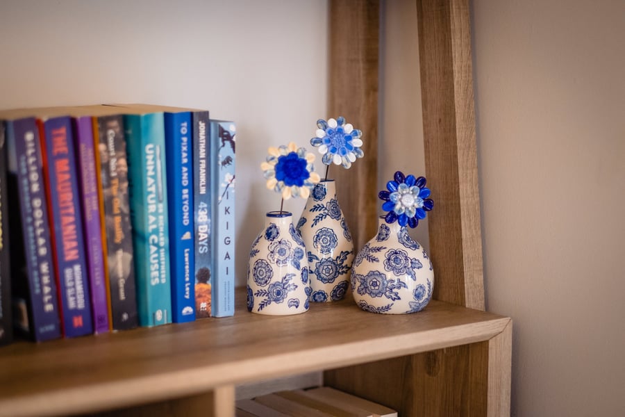 Willow Style Vase Trio with Lampwork Glass Flower Stems