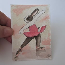 ACEO Bunny Rabbit Ballerina Ballet Dancing Bunny Rabbit Original Painting 020