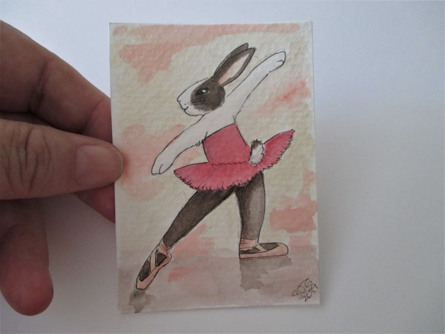 ACEO Bunny Rabbit Ballerina Ballet Dancing Bunny Rabbit Original Painting 020