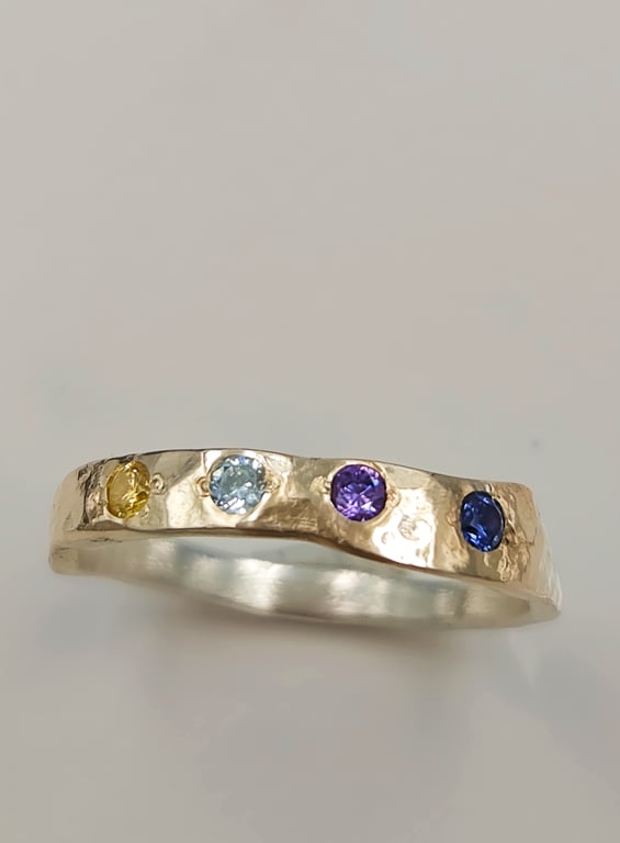 Golden Fusion Hammered Silver Ring with Cubic Zirconia - Size K