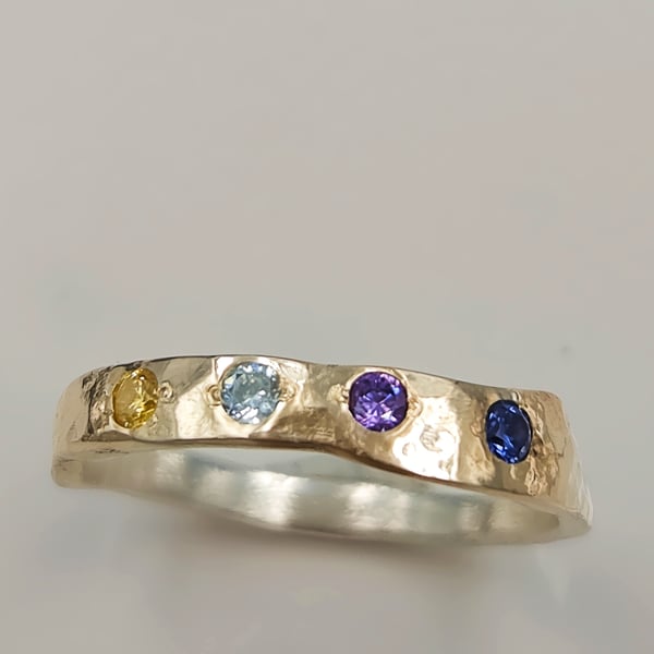 Golden Fusion Hammered Silver Ring with Cubic Zirconia - Size K